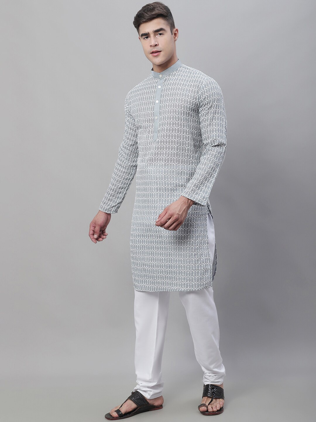 

SOJANYA Geometric Embroidered Regular Pure Cotton Kurta With Churidar, Grey