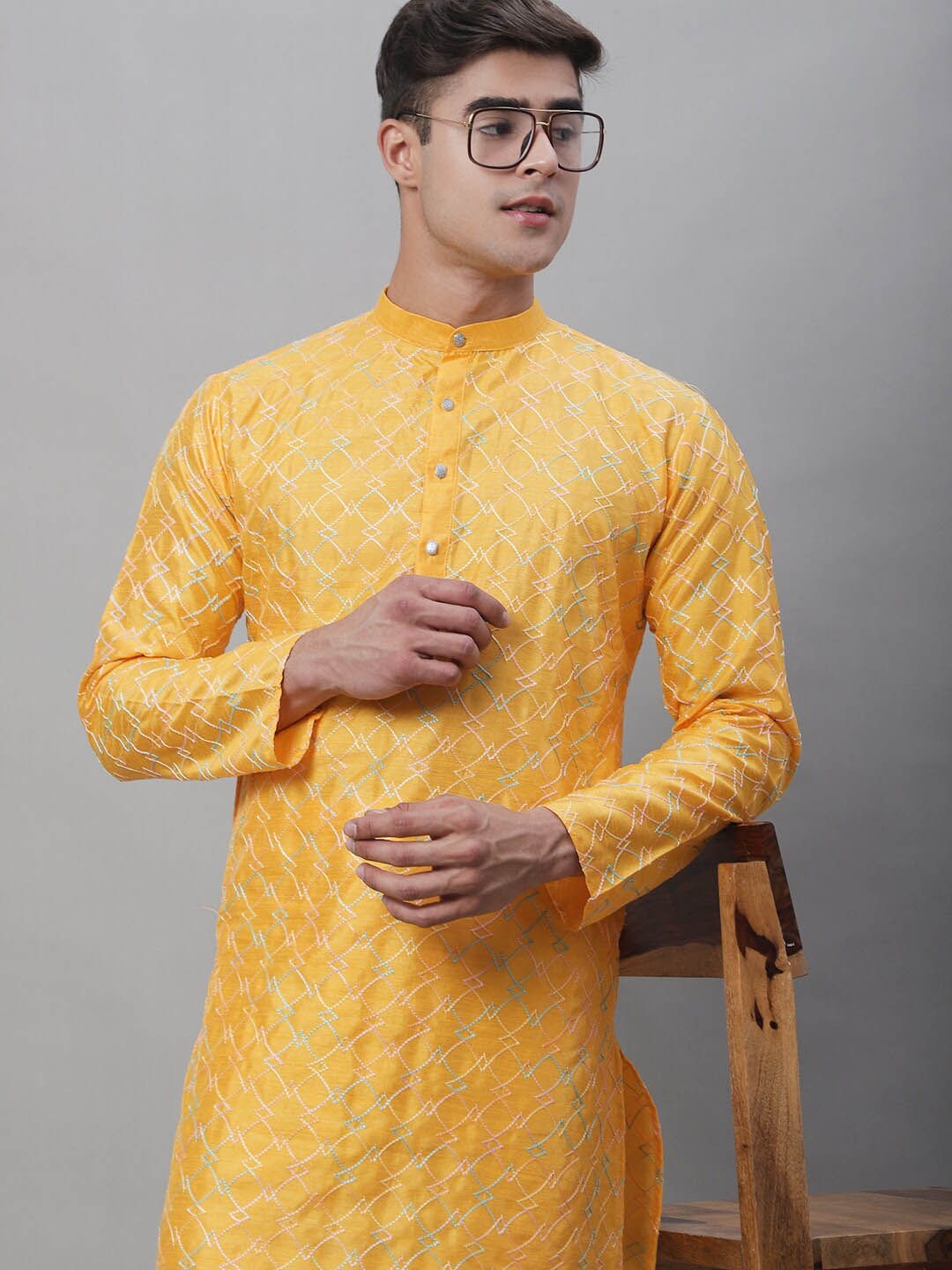 

SOJANYA Geometric Embroidered Regular Kurta With Churidar, Mustard