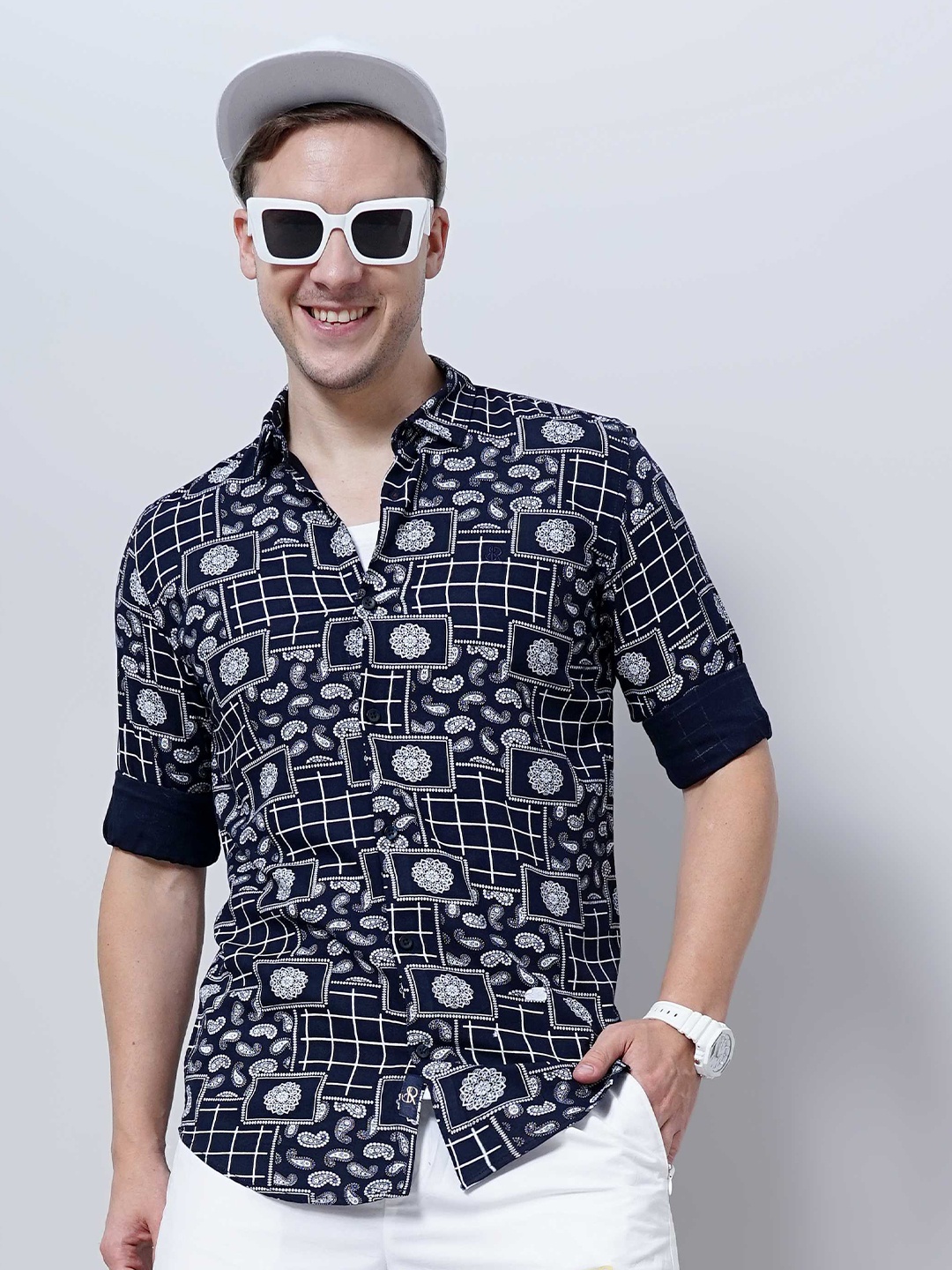 

SORATIA Floral Opaque Printed Casual Shirt, Navy blue