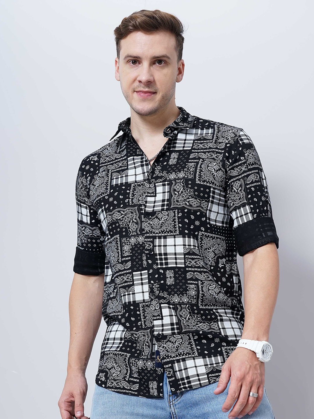 

SORATIA Opaque Printed Casual Shirt, Black