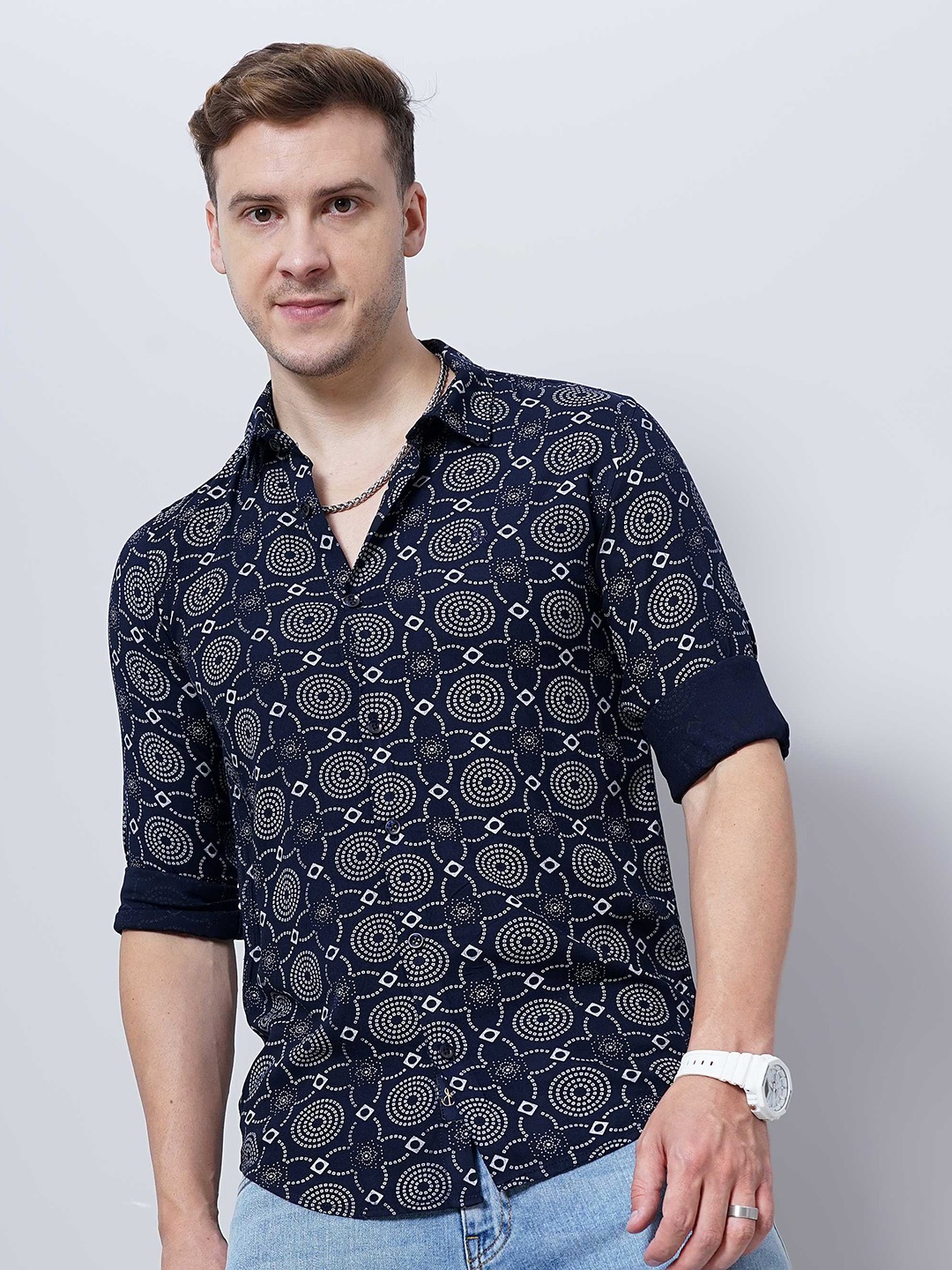 

SORATIA Opaque Printed Casual Shirt, Navy blue