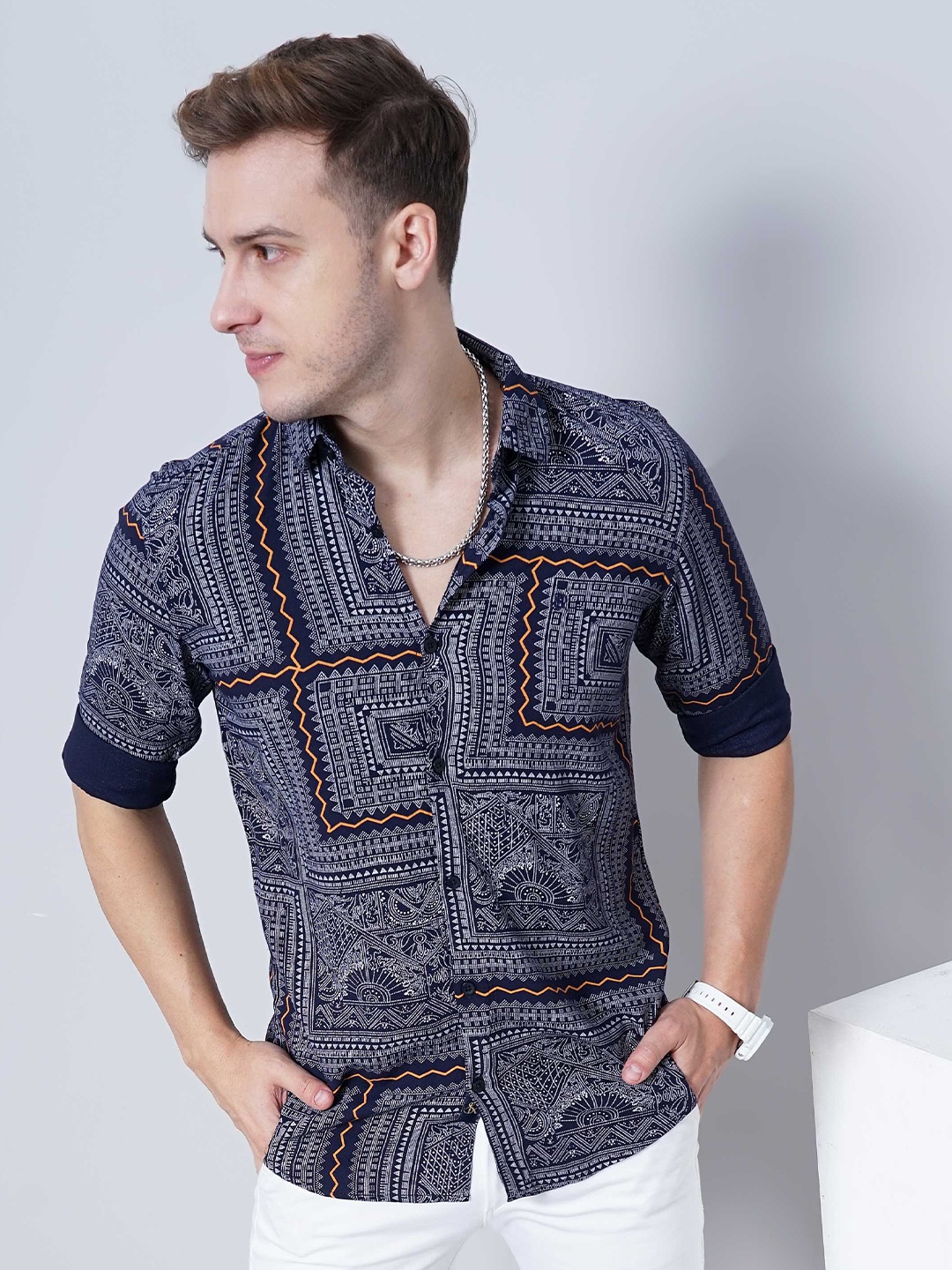 

SORATIA Opaque Printed Casual Shirt, Navy blue