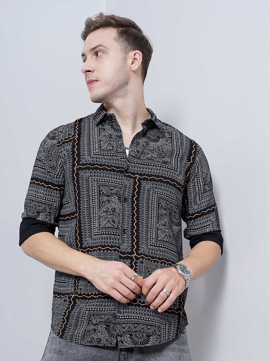 

SORATIA Opaque Printed Casual Shirt, Black