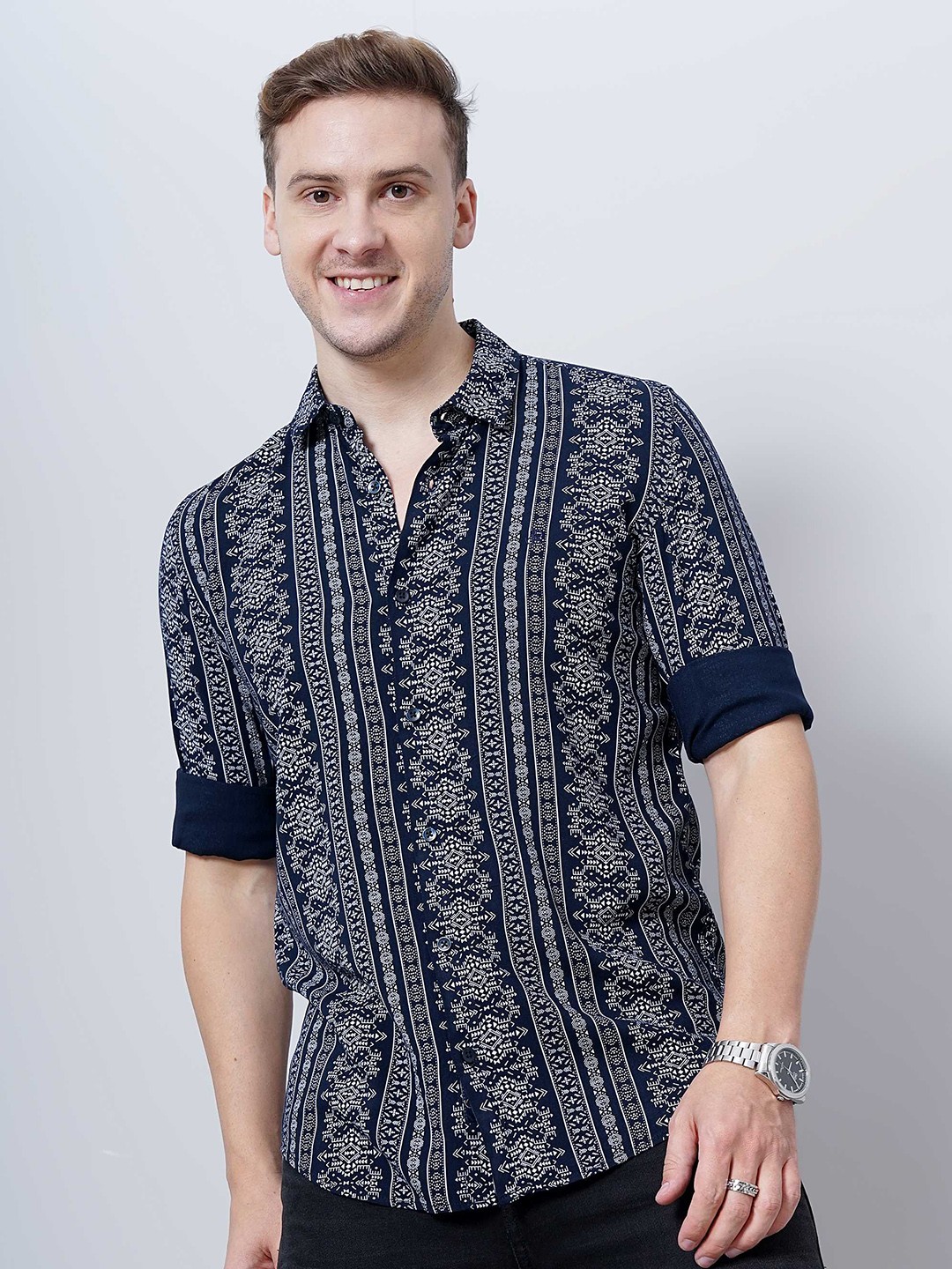 

SORATIA Opaque Printed Casual Shirt, Navy blue