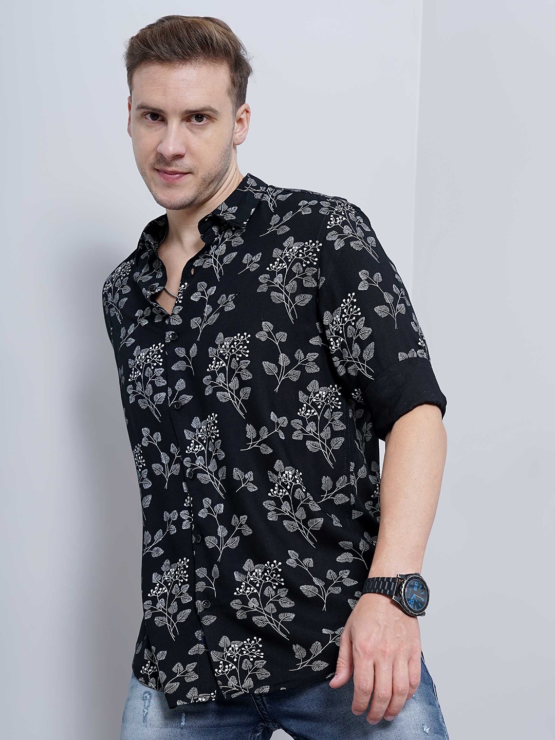

SORATIA Floral Opaque Printed Casual Shirt, Black