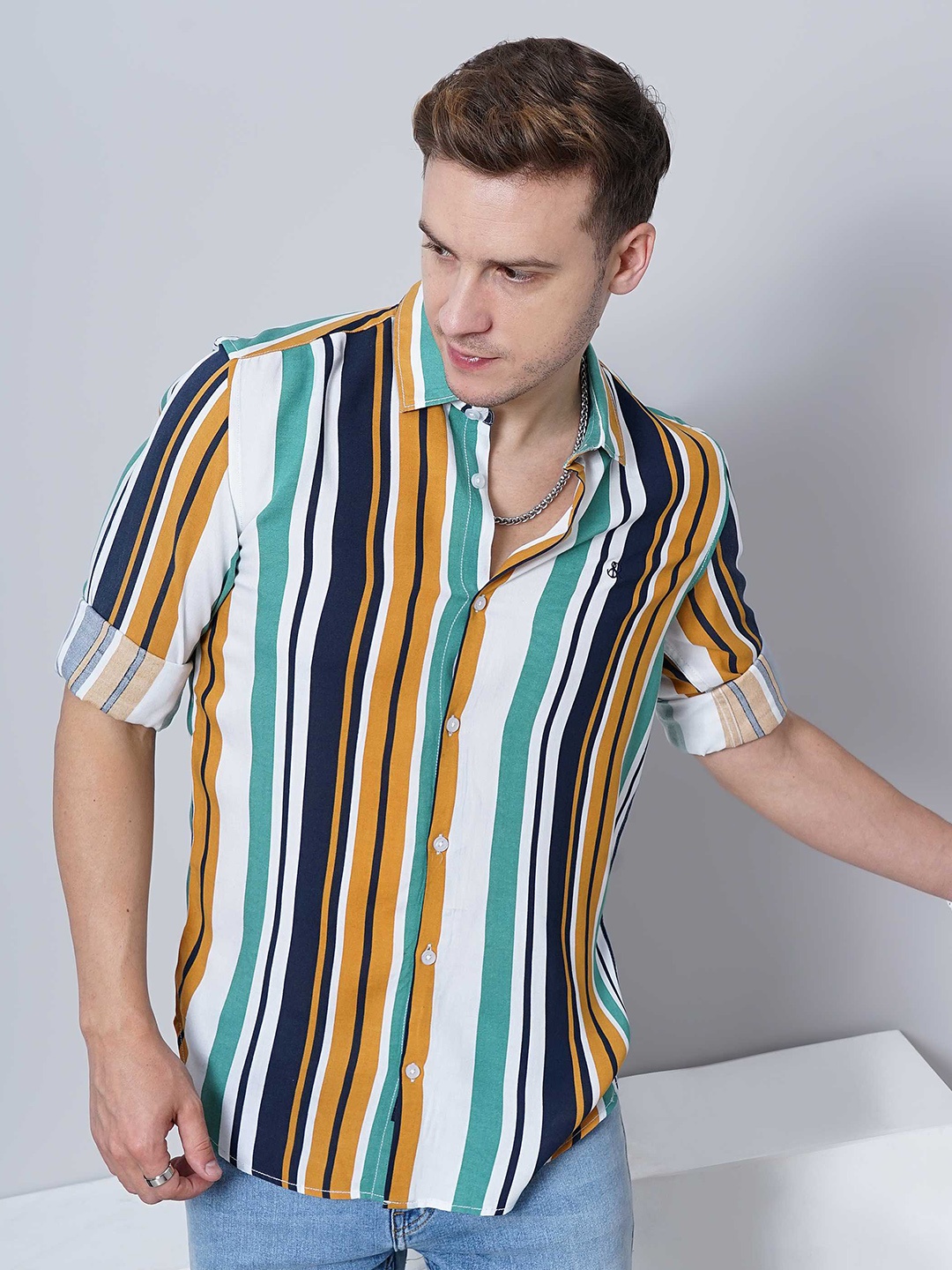 

SORATIA Opaque Striped Casual Shirt, Mustard