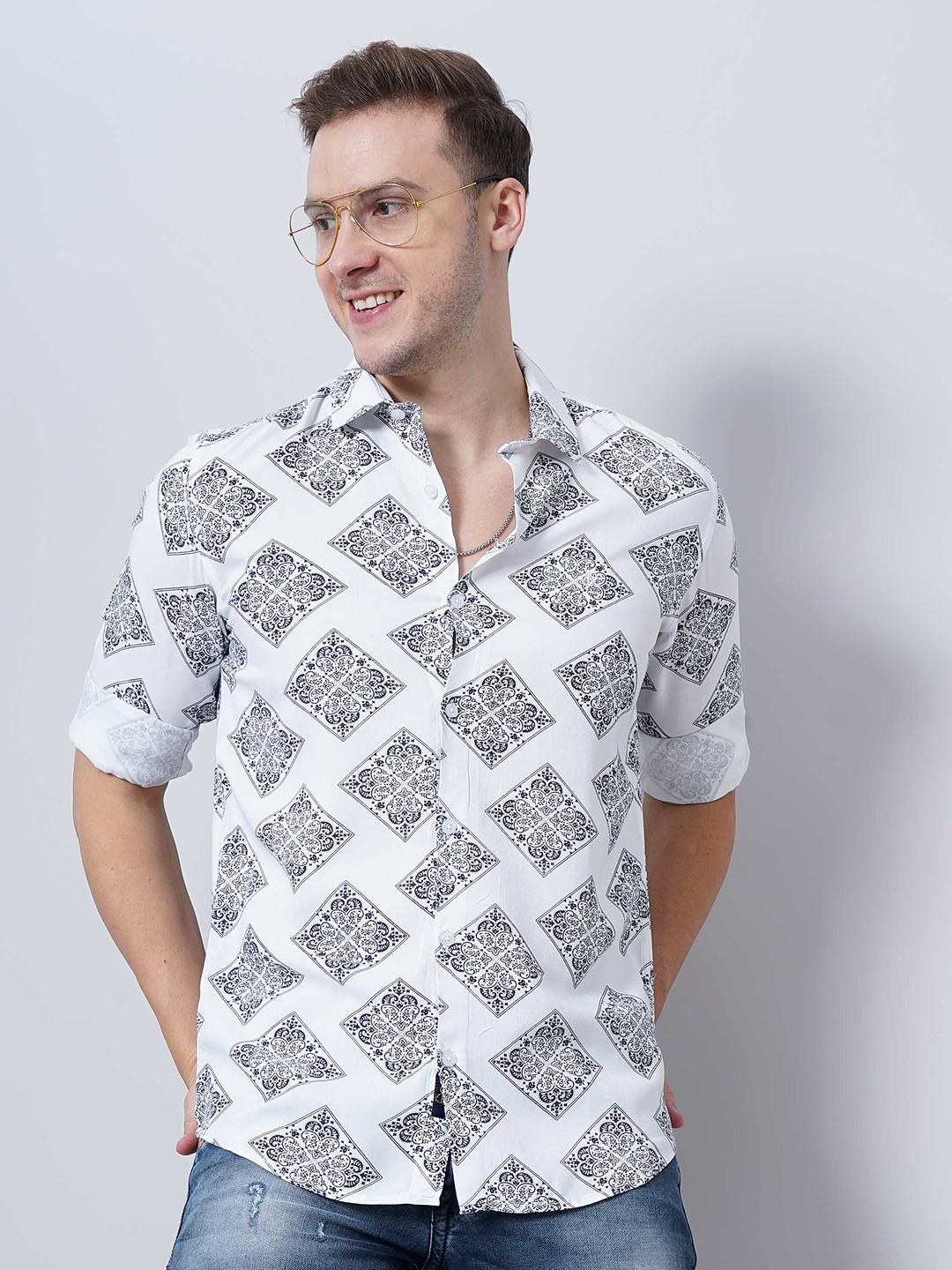 

SORATIA Ethnic Motifs Printed Long Sleeves Cotton Casual Shirt, White