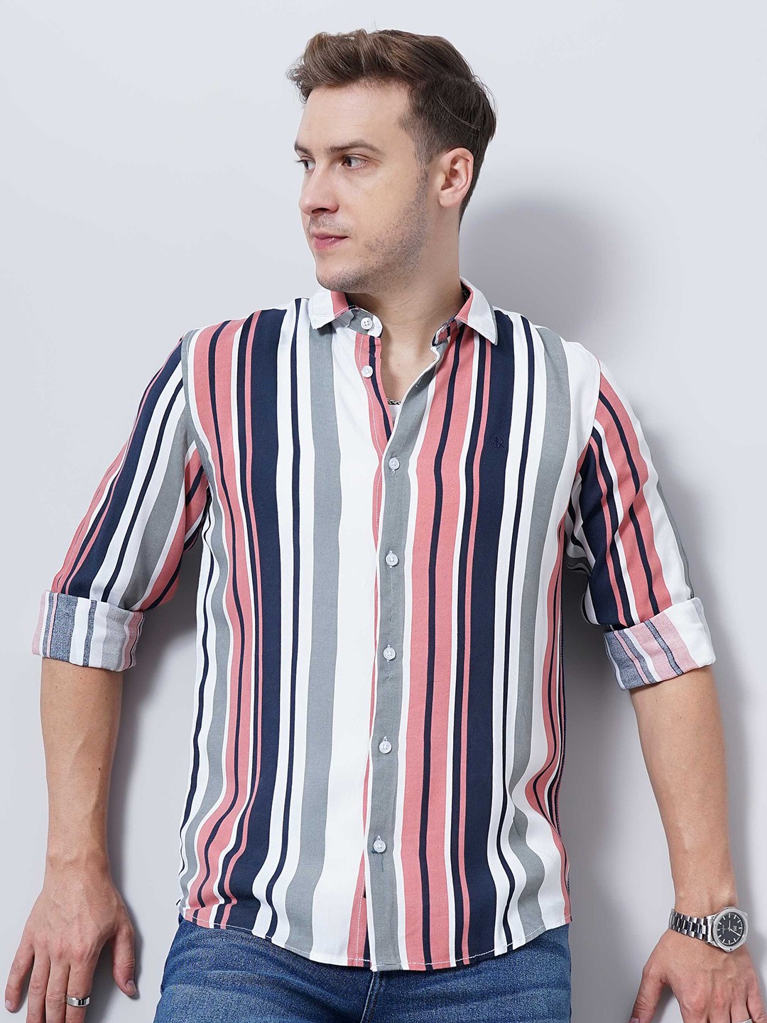 

SORATIA Opaque Striped Casual Shirt, Peach
