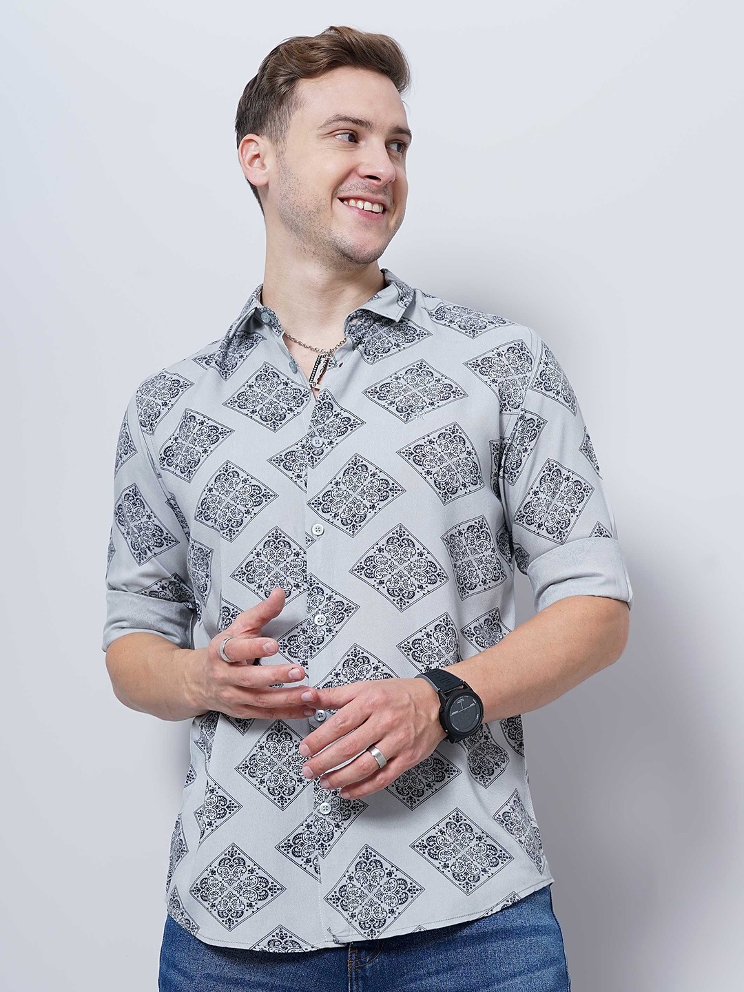 

SORATIA Ethnic Motifs Printed Spread Collar Casual Cotton Shirt, Grey