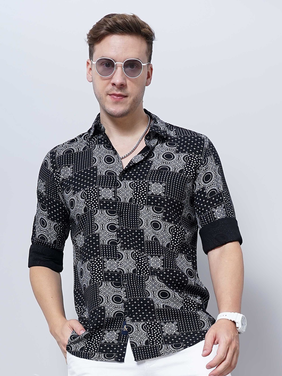 

SORATIA Ethnic Motifs Printed Spread Collar Casual Cotton Shirt, Black
