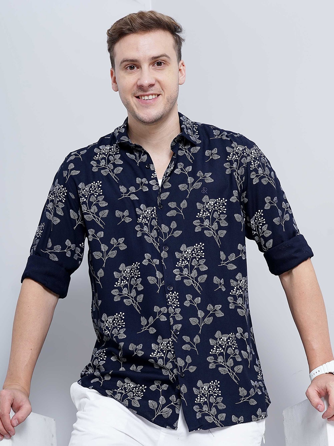 

SORATIA Floral Printed Spread Collar Casual Cotton Shirt, Navy blue
