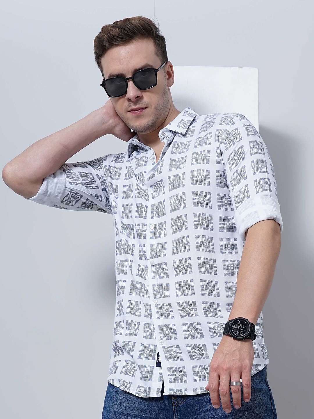 

SORATIA Gemontric Printed Spread Collar Casual Cotton Shirt, White