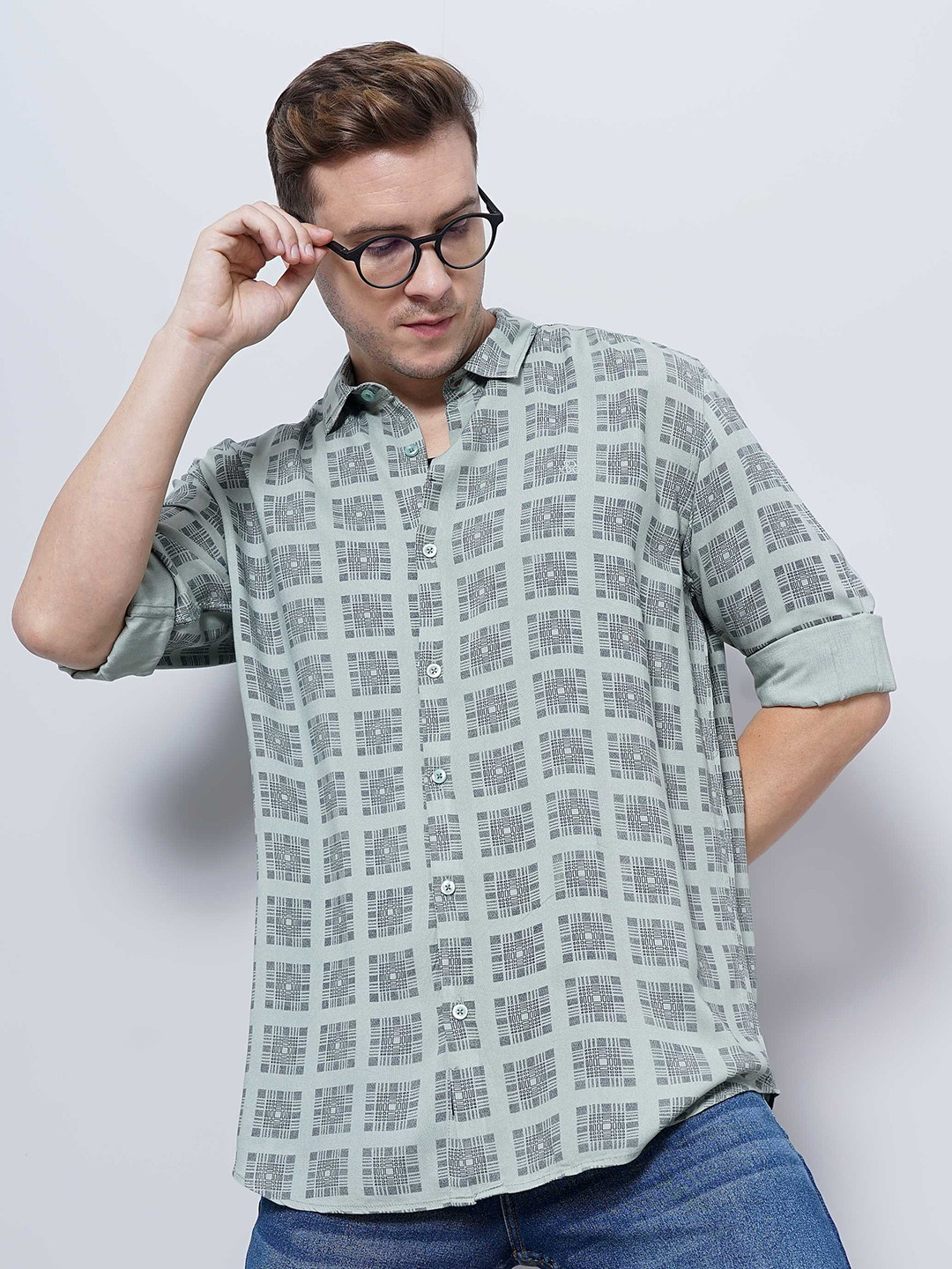 

SORATIA Gemontric Printed Spread Collar Casual Cotton Shirt, Teal