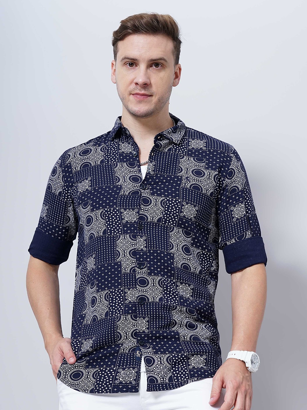 

SORATIA Ethnic Motifs Printed Spread Collar Casual Cotton Shirt, Navy blue