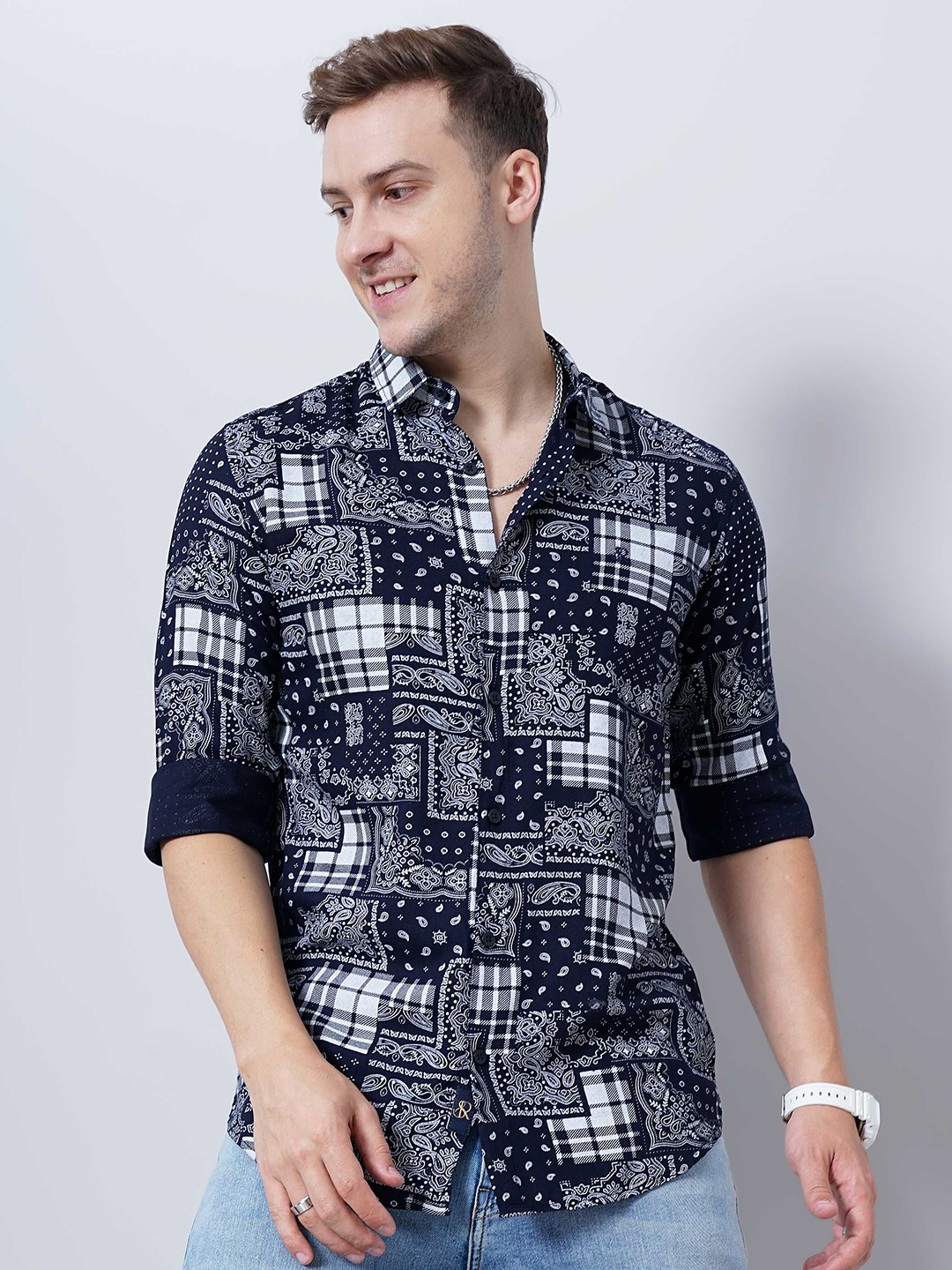 

SORATIA Ethnic Motif Printed Cotton Regular Fit Shirt, Navy blue