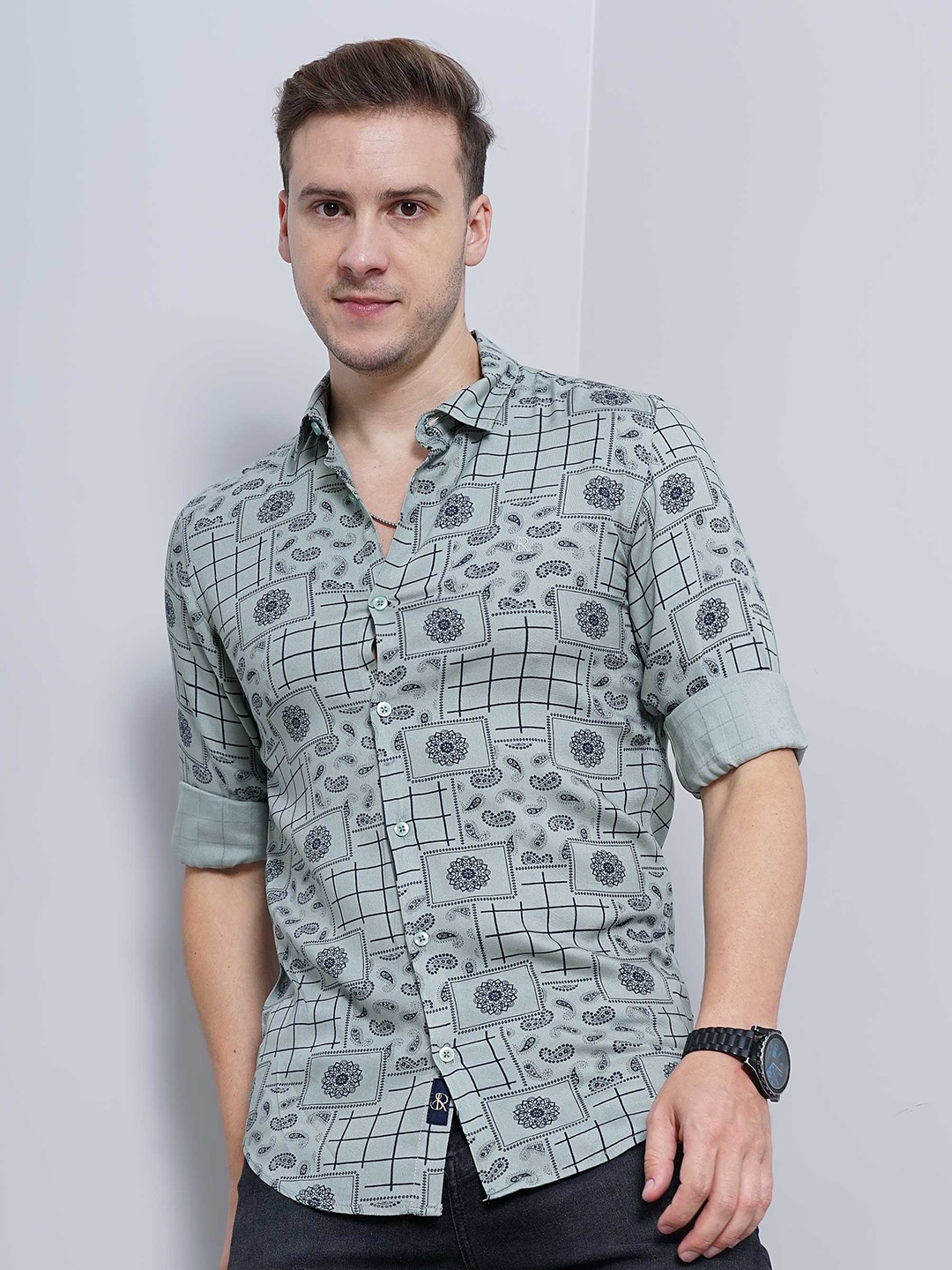 

SORATIA Ethic Motifs Printed Long Sleeves Cotton Casual Shirt, Grey