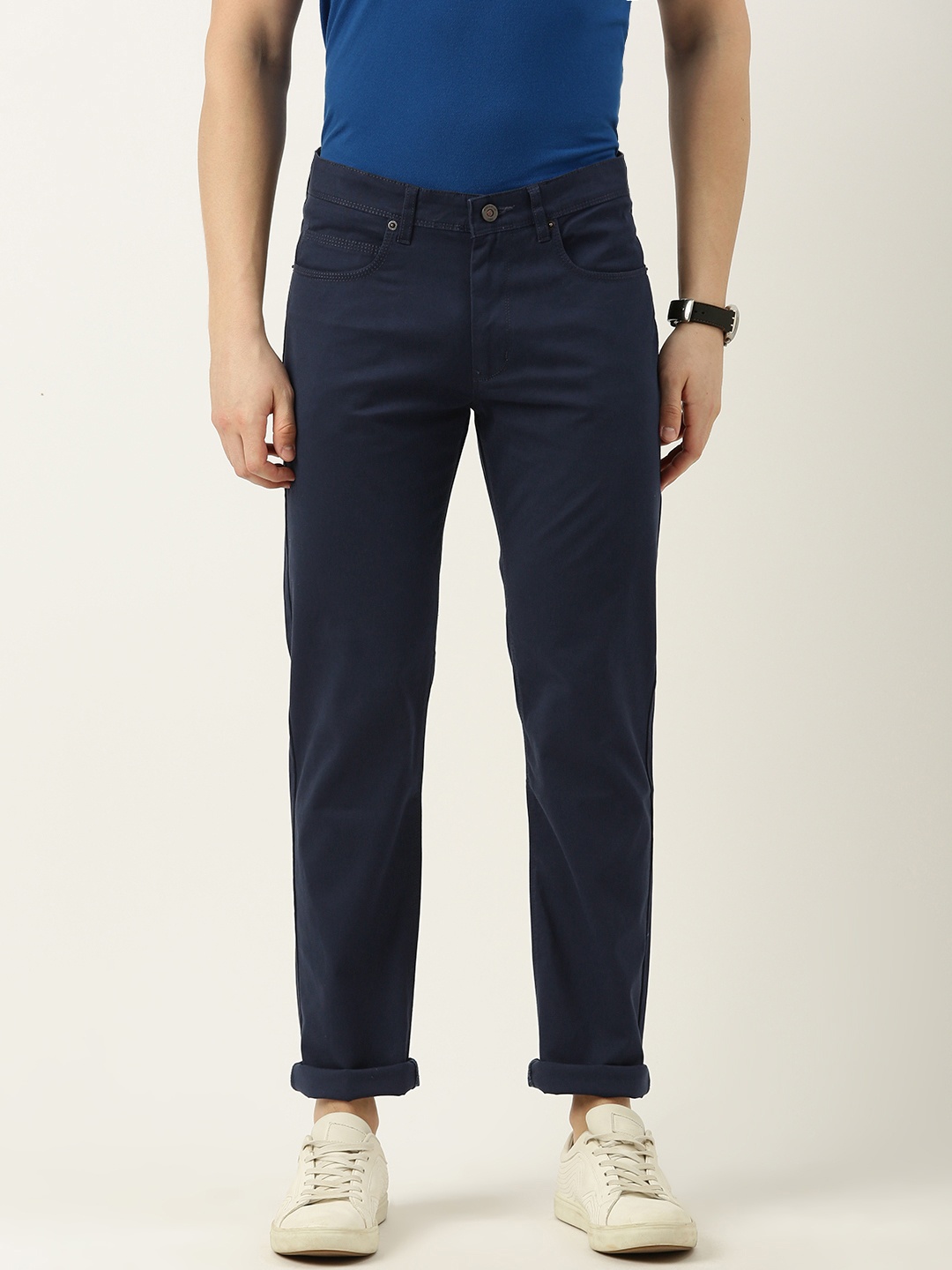 Peter England Men Slim Fit Chinos Trousers, Navy blue