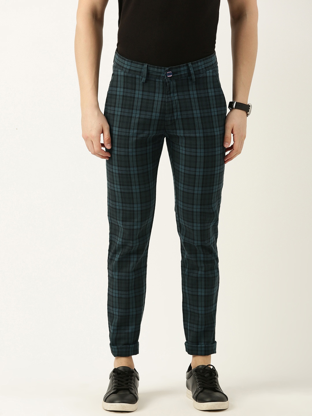 

Peter England Men Checked Slim Fit Chinos Trousers, Green