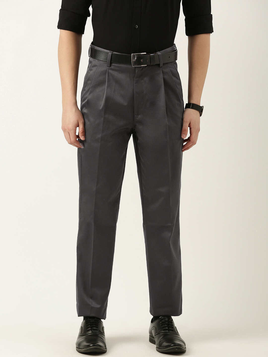 

Peter England Men Pleated Cotton Formal Trousers, Charcoal