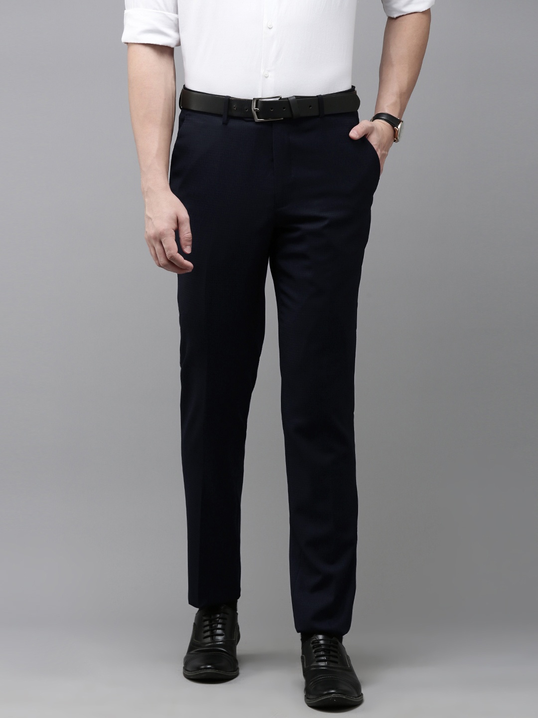 Van Heusen Men Textured Slim Fit Formal Trousers, Navy blue