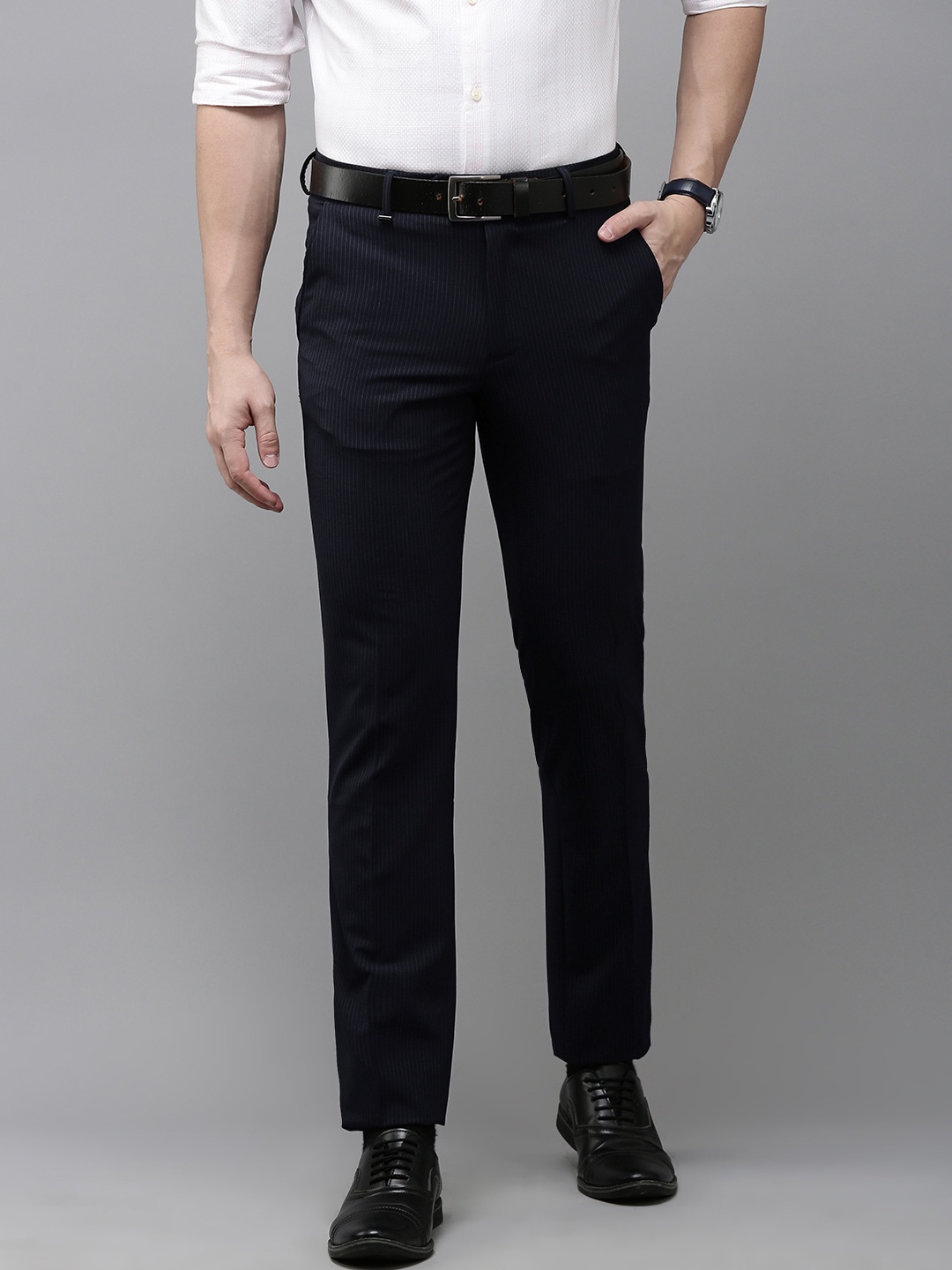 

Van Heusen Men Striped Slim Fit Formal Trousers, Navy blue