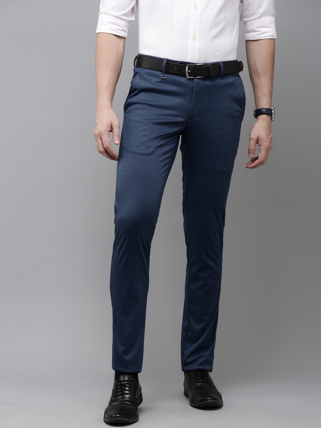 Van Heusen Men Textured Slim Fit Formal Trousers, Blue