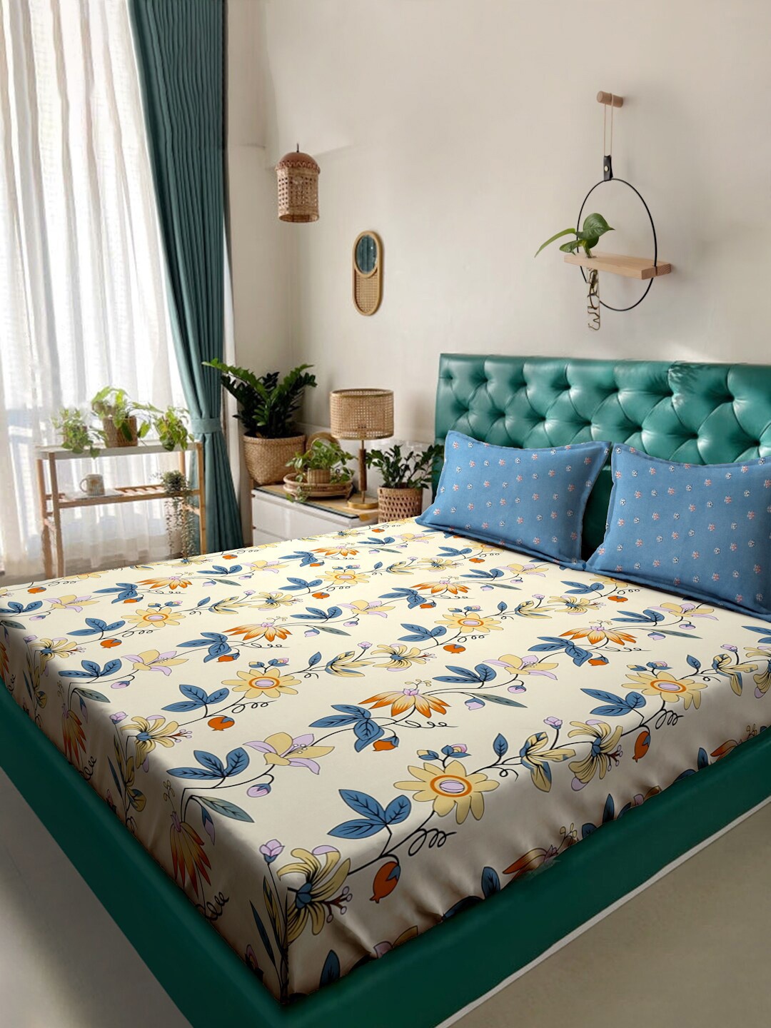 

KLOTTHE Yellow & Blue Floral Printed 300 TC Fitted King Bedsheet & 2 Pillow Covers, White