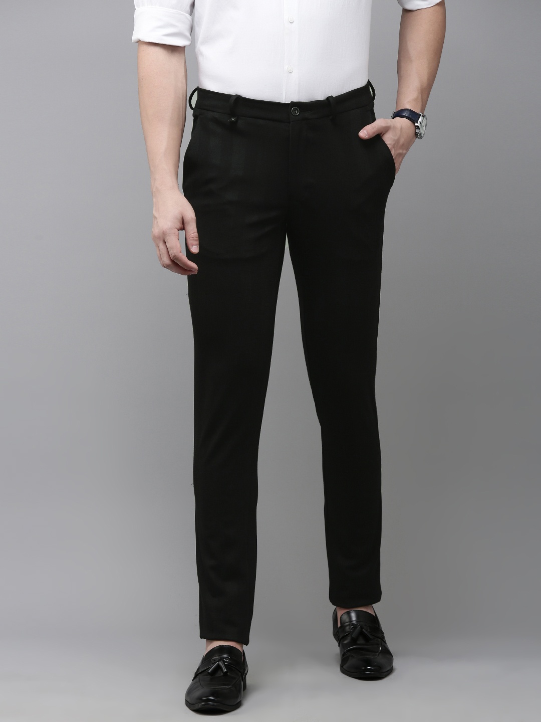 

V Dot Men Self Design Slim Fit Formal Trousers, Black