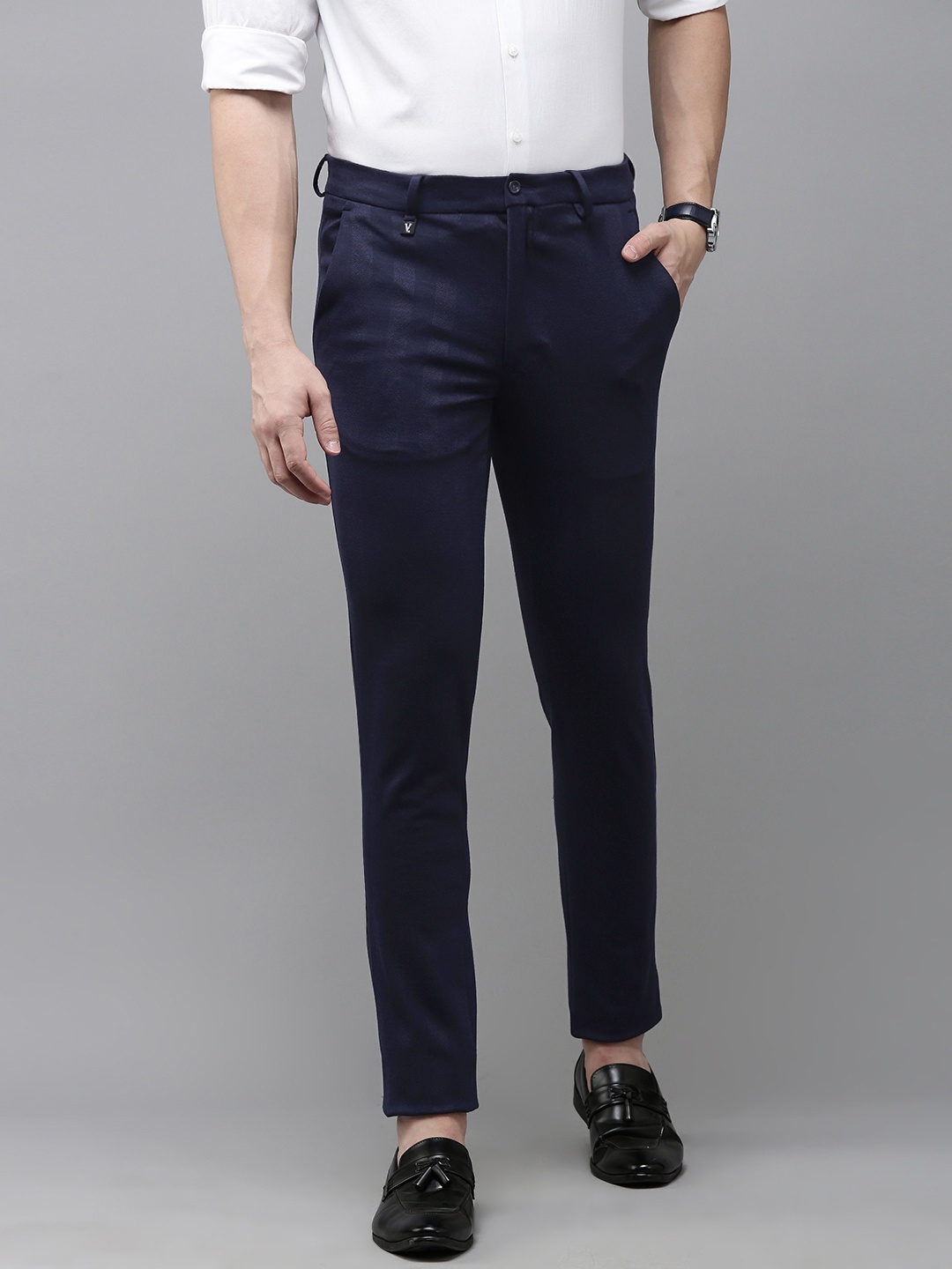 

V Dot Men Self Design Slim Fit Formal Trousers, Navy blue