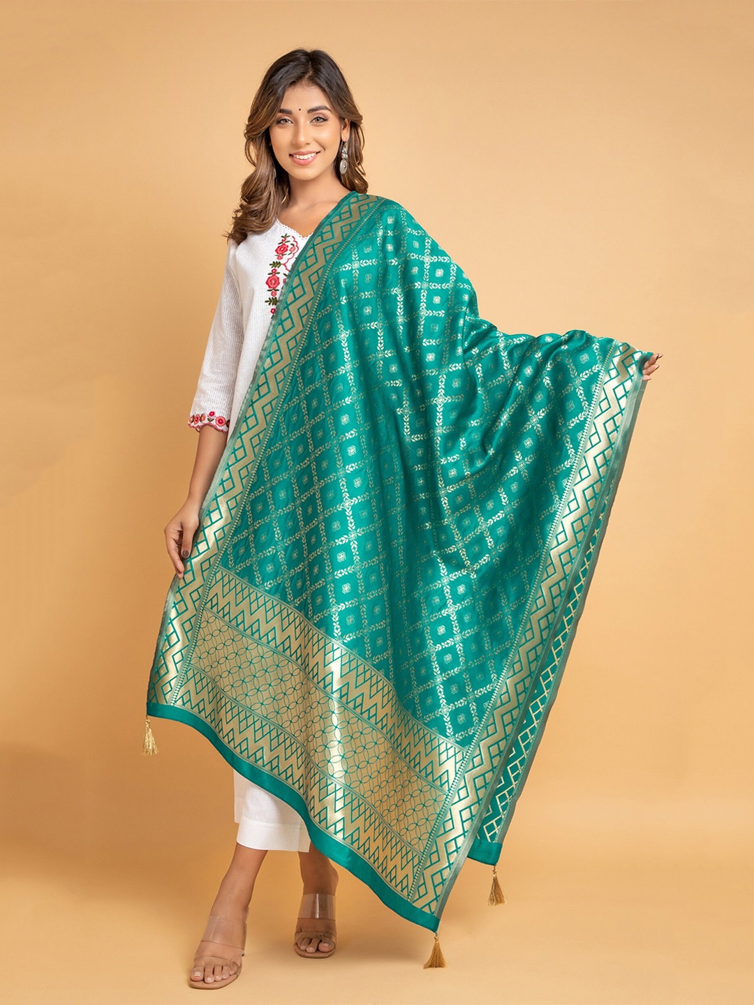 

SUTI Woven Design Silk Banarasi Dupatta With Zari, Teal