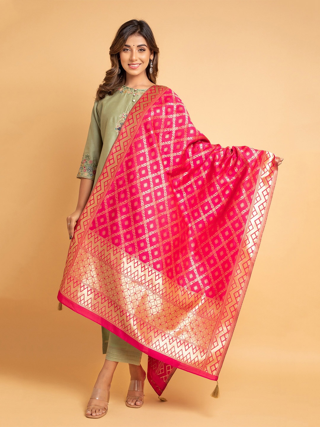 

SUTI Ethnic Motifs Woven Design Silk Dupatta, Magenta