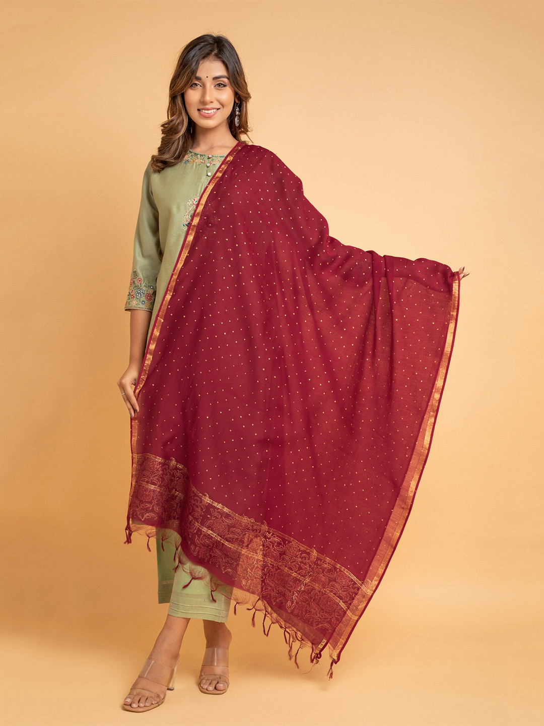 

SUTI Printed Tasselled Zari Dupatta, Red