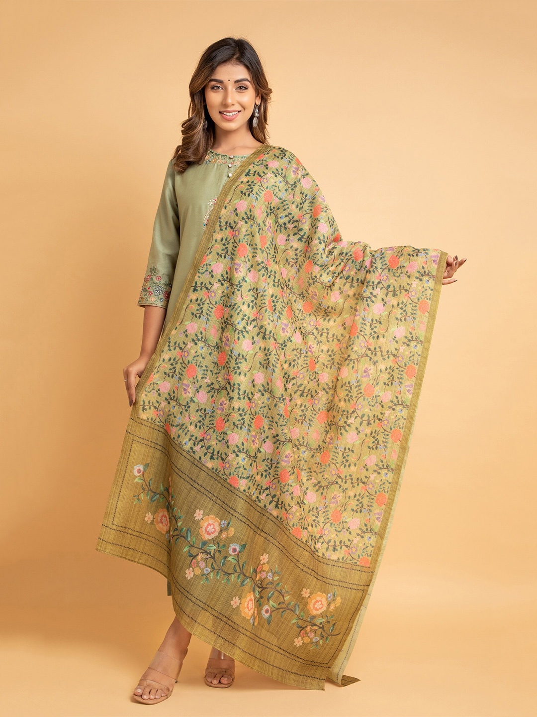 

SUTI Digital Floral Printed Silk Dupatta, Olive