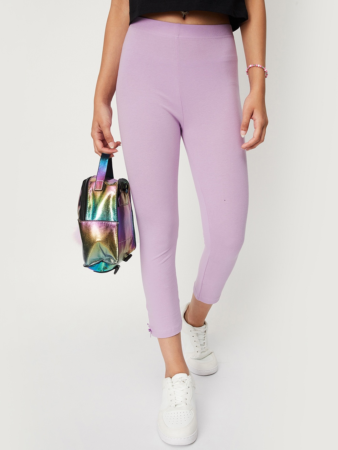 

max Girls Three Fourth Length Cotton Lycra Leggings, Lavender