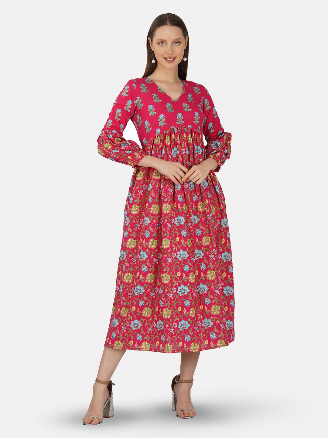 

GULAB CHAND TRENDS Floral Printed Empire Cotton Midi Dress, Pink