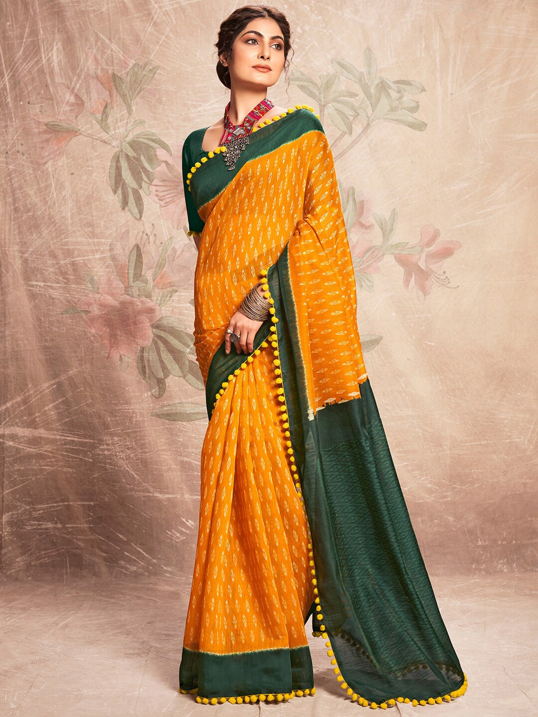 

Anouk Yellow & Green Embellished Ethnic Motifs Block Print Saree