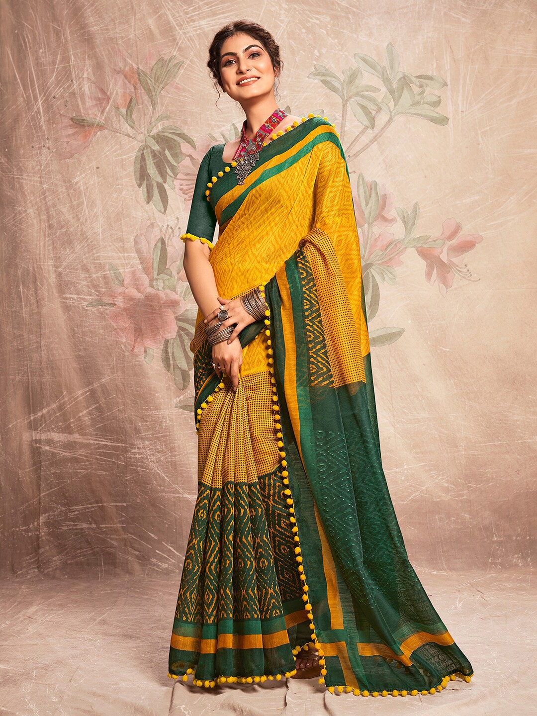 

Anouk Yellow & Green Ethnic Motifs Printed Embellished Saree