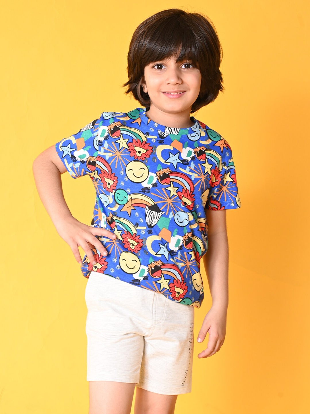 

Anthrilo Boys Printed Pure Cotton T-shirt with Shorts, Blue