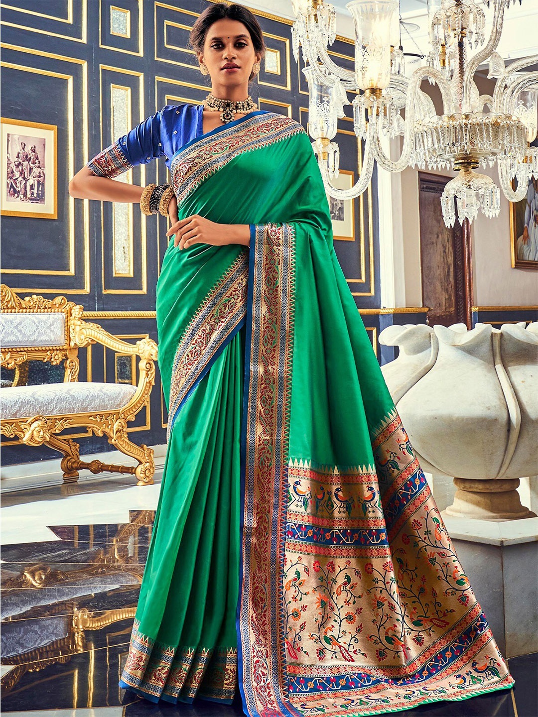 

ODETTE Ethnic Motif Silk Blend Banarasi Zari Saree With Blouse Piece, Green