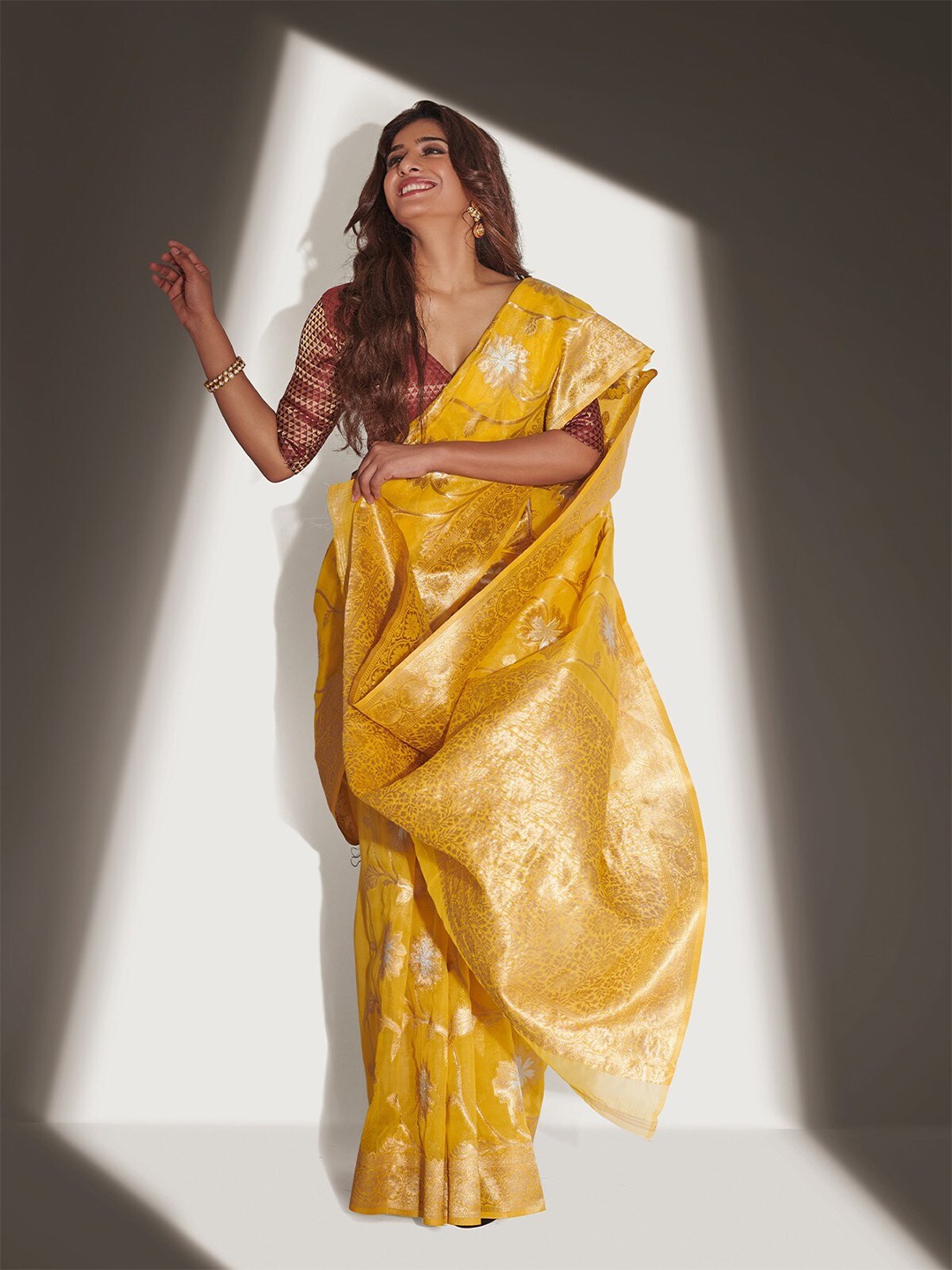 

ODETTE Floral Organza Zari Saree With Blouse Piece, Yellow