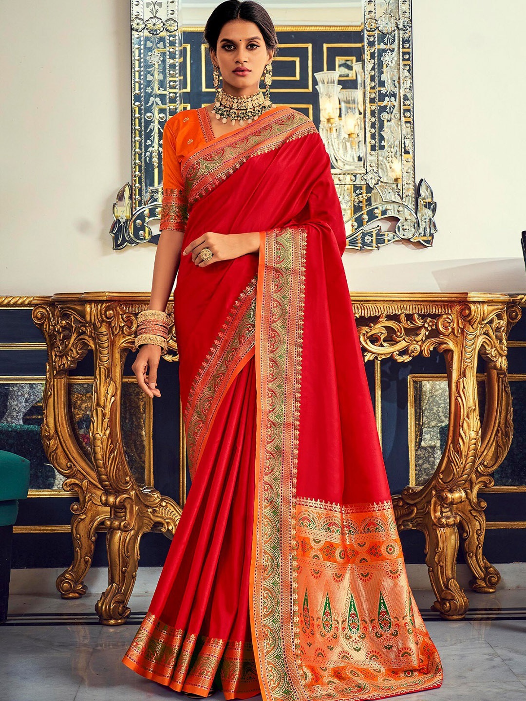 

ODETTE Woven Design Zari Banarasi Saree, Red