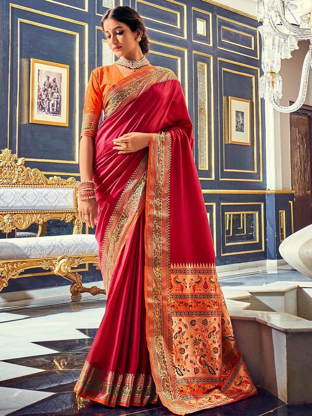 

ODETTE Woven Design Bordered Banarasi Silk Saree, Maroon