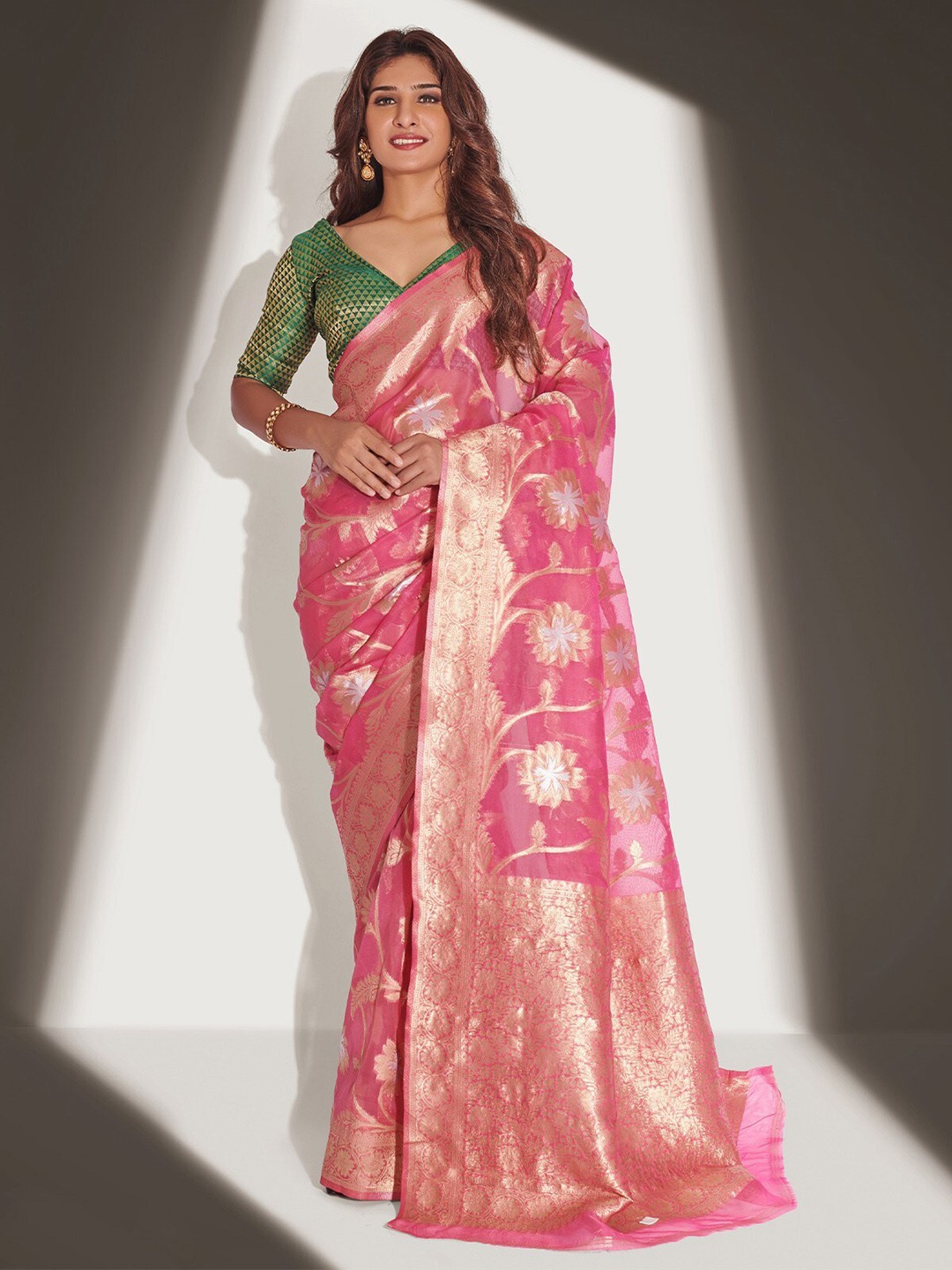 

ODETTE Floral Woven Design Zari Organza Saree, Pink