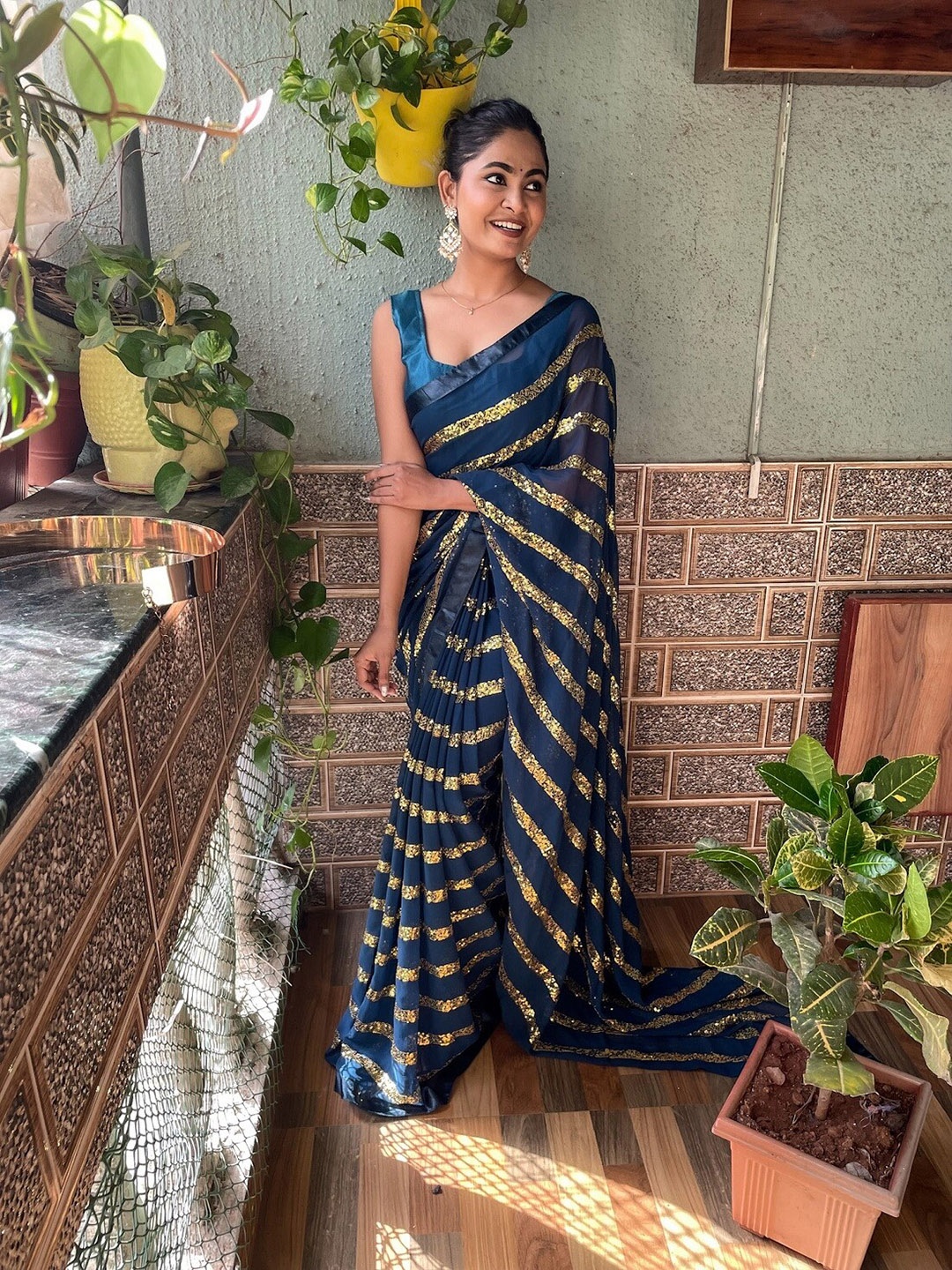 

Mitera Embellished Sequinned Poly Georgette Saree With Blouse Piece, Teal