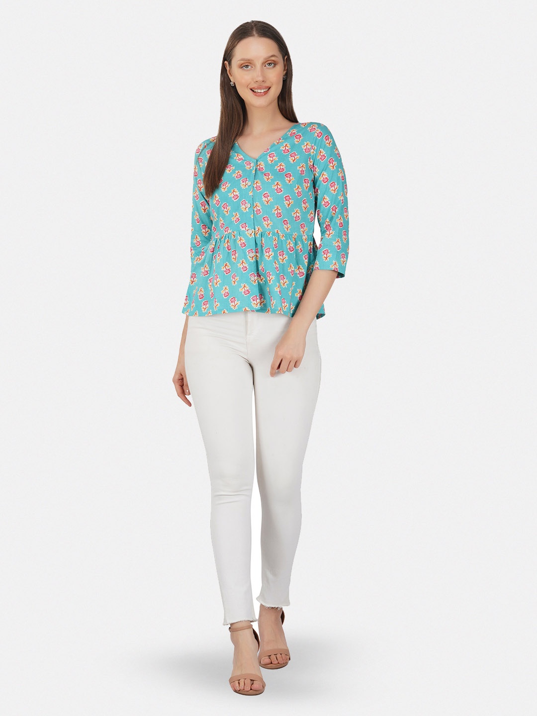 

GULAB CHAND TRENDS Floral Printed Cotton Peplum Top, Blue