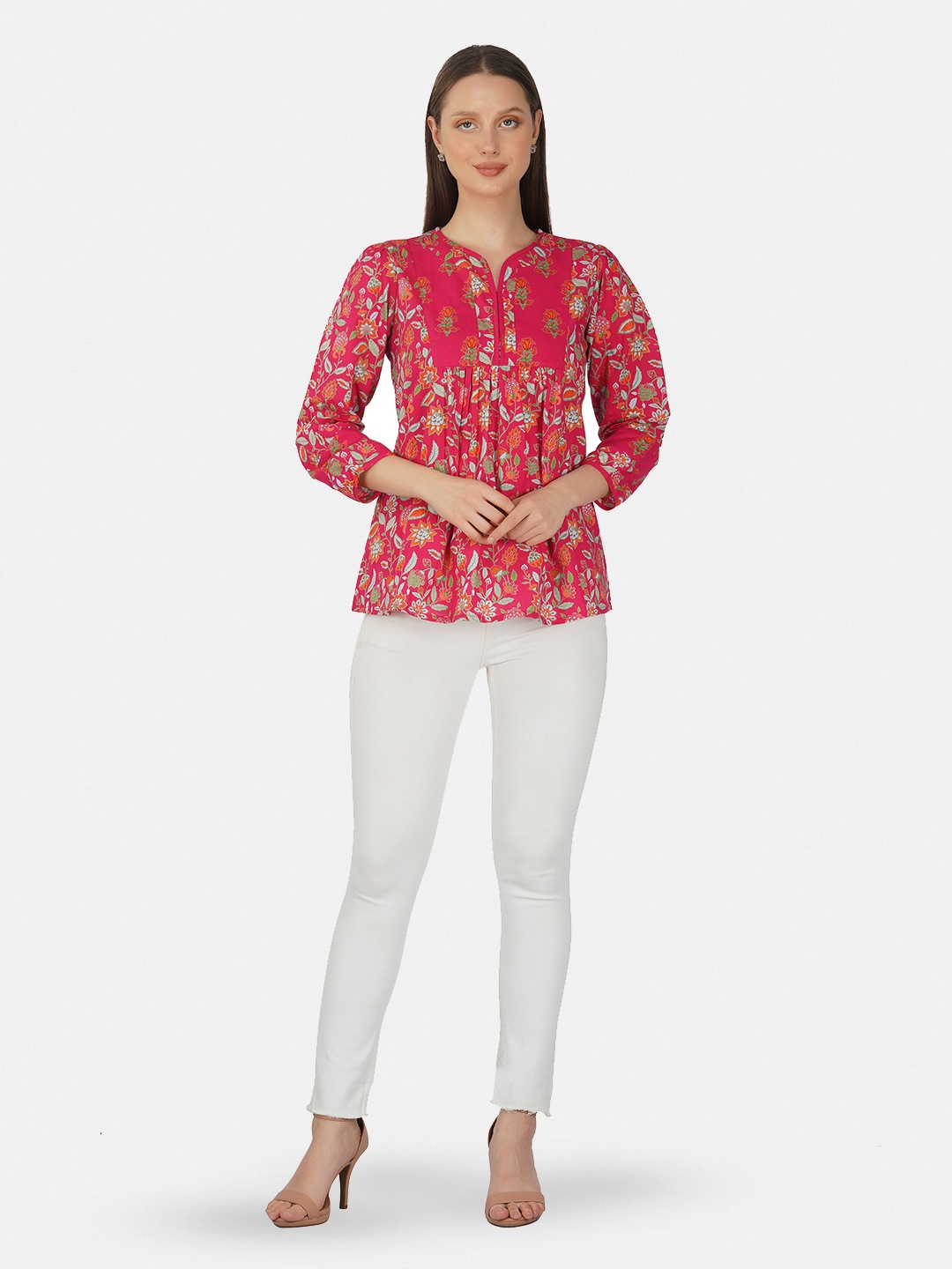 

GULAB CHAND TRENDS V-Neck Floral Printed Cotton Top, Pink