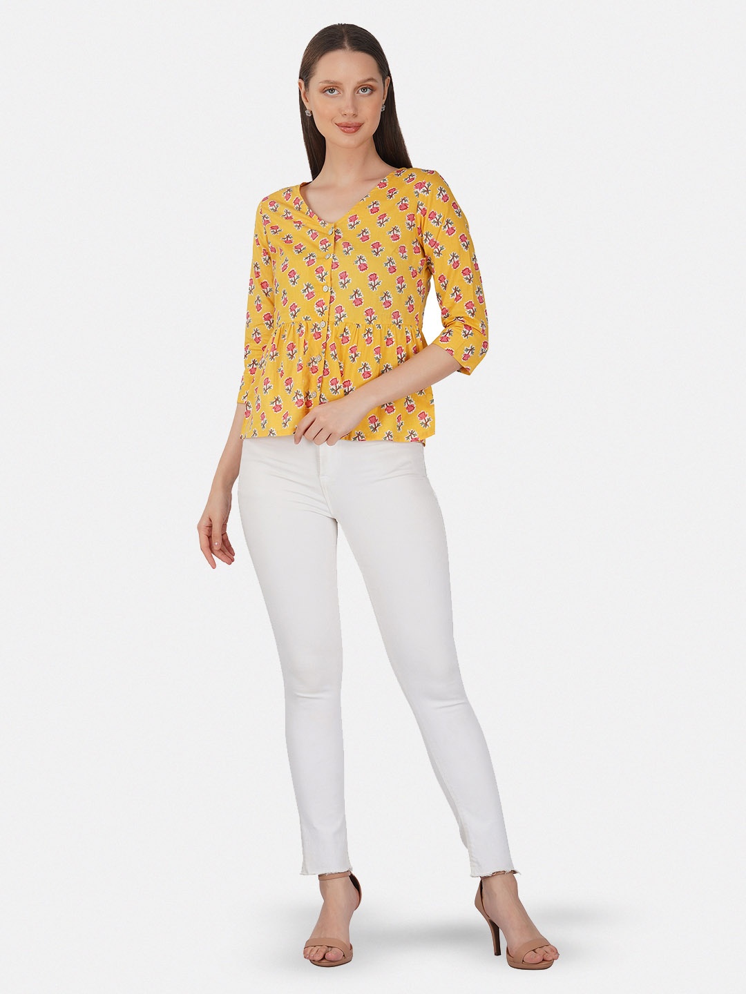 

GULAB CHAND TRENDS Yellow Floral Printed V-Neck Peplum Cotton Top