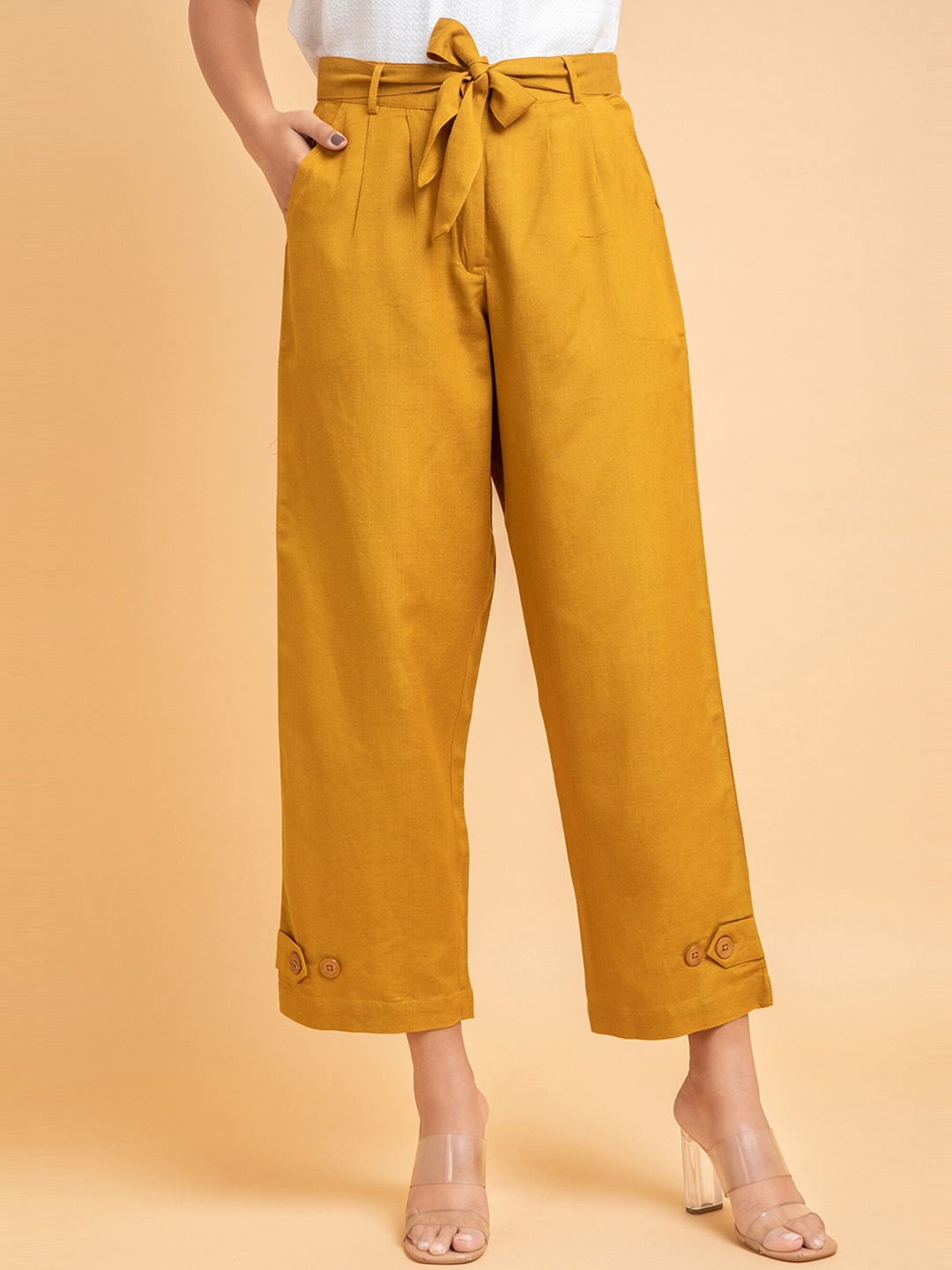 

SUTI Women Relaxed Straight Leg Mid-Rise Loose Fit Parallel Trousers, Mustard