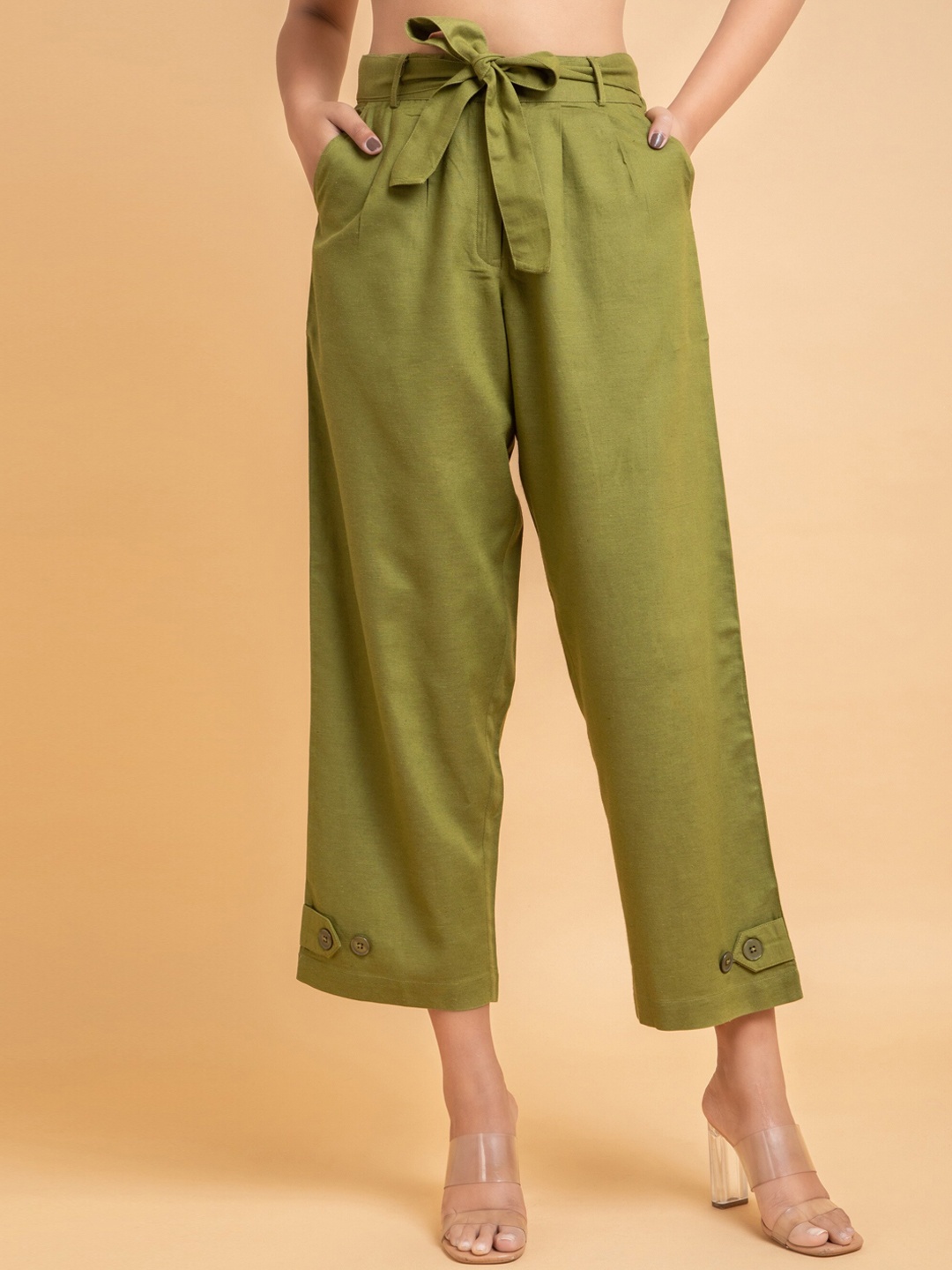 

SUTI Women Mid-Rise Relaxed Loose Fit Parallel Trousers, Olive