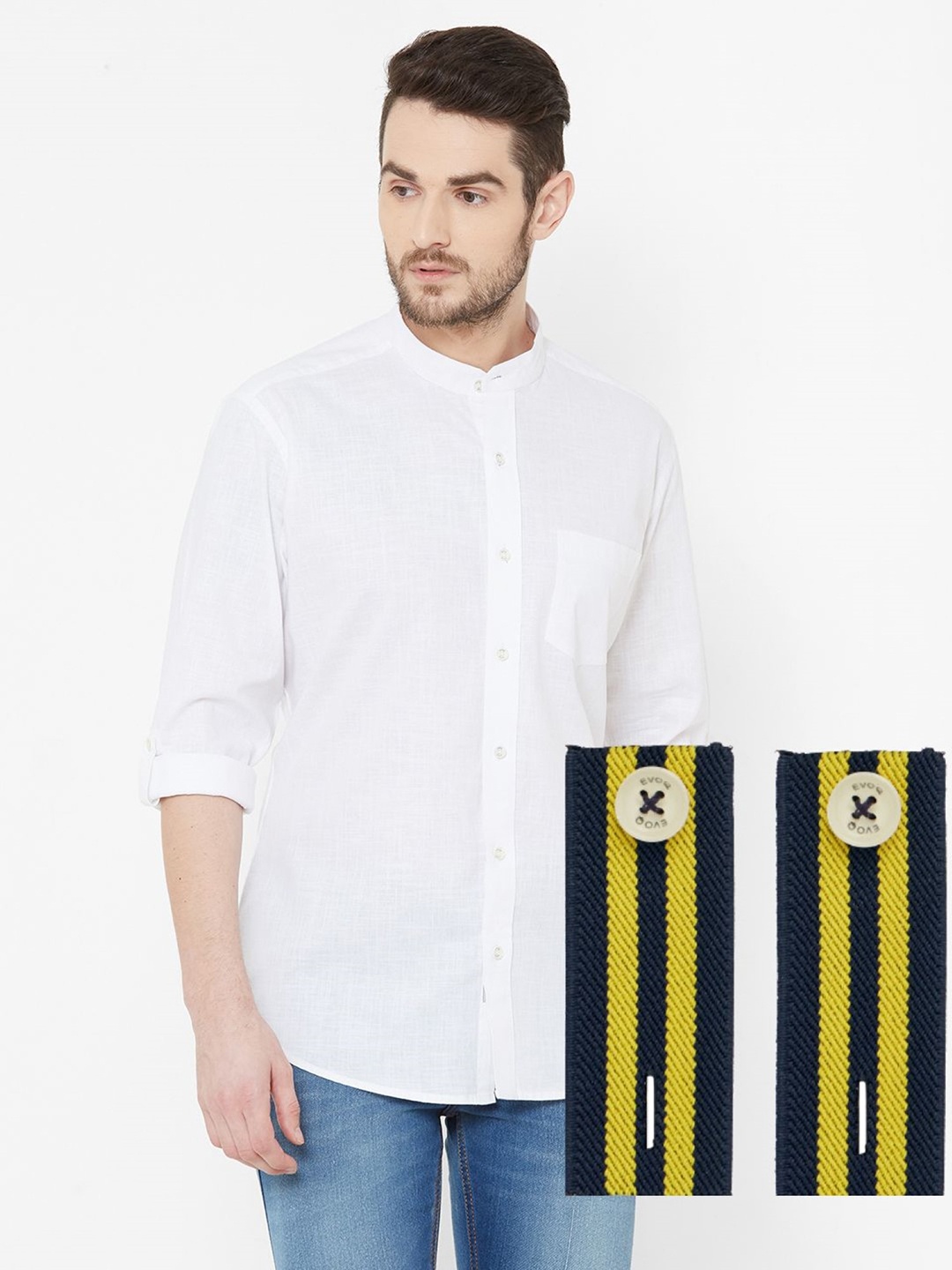 

EVOQ Classic Casual Mandarin Collar Cotton Linen Shirt With Spider Cuff Band, White